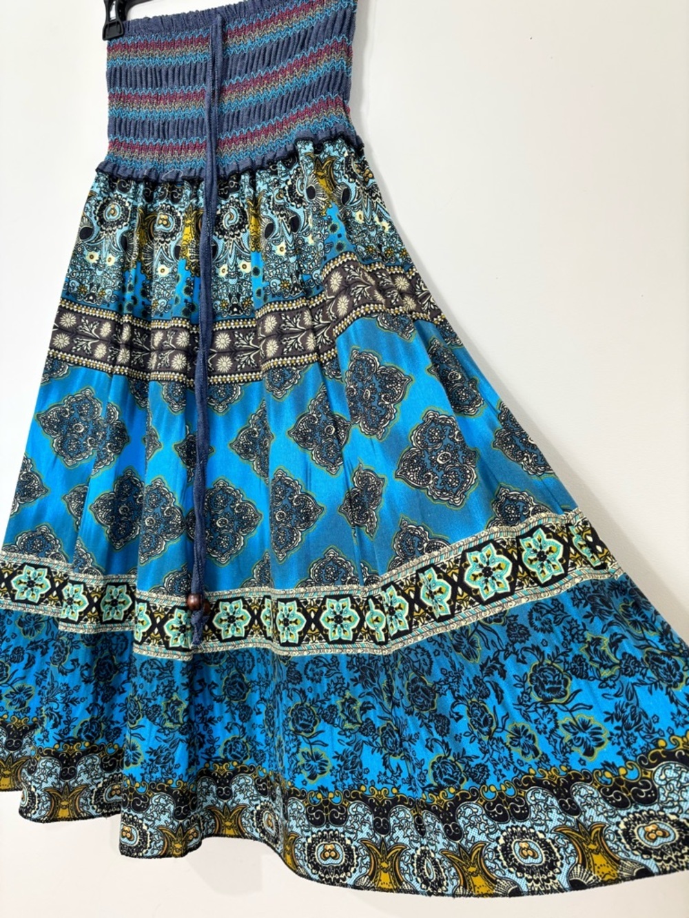 NEW Y2K boho cottage ethnic print smoked high rise pleated A-line Midi Skirt XS - Picture 3 of 16